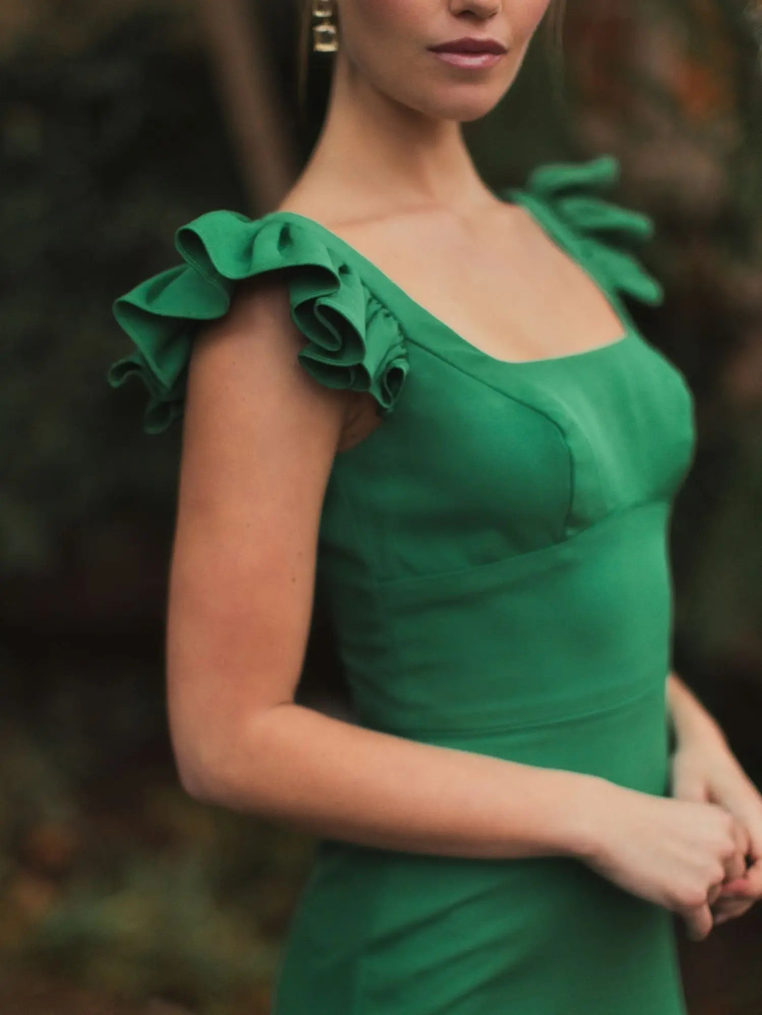 Green Ruffle Cap Sleeve Open Back Column Gown - Image 5