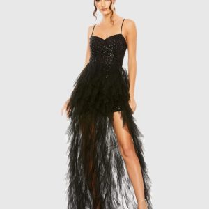 Black Sequin A-Line Dress with High-Low Ruffle Skirt