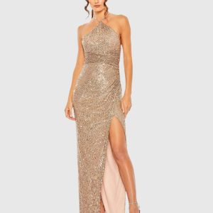 Gold Halter Neck Ruched Side Front Slit Sequin Gown