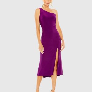 Purple One Shoulder Cowl Back Jersey Midi Dress
