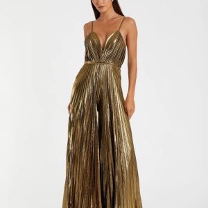 Gold Metallic Pleated V-Neck Jumpsuit