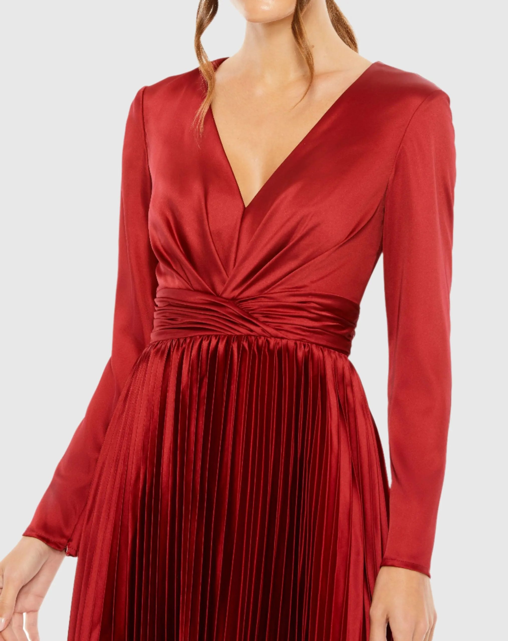 Deep Red Pleated Long Sleeve V-Neck Dress - Image 2
