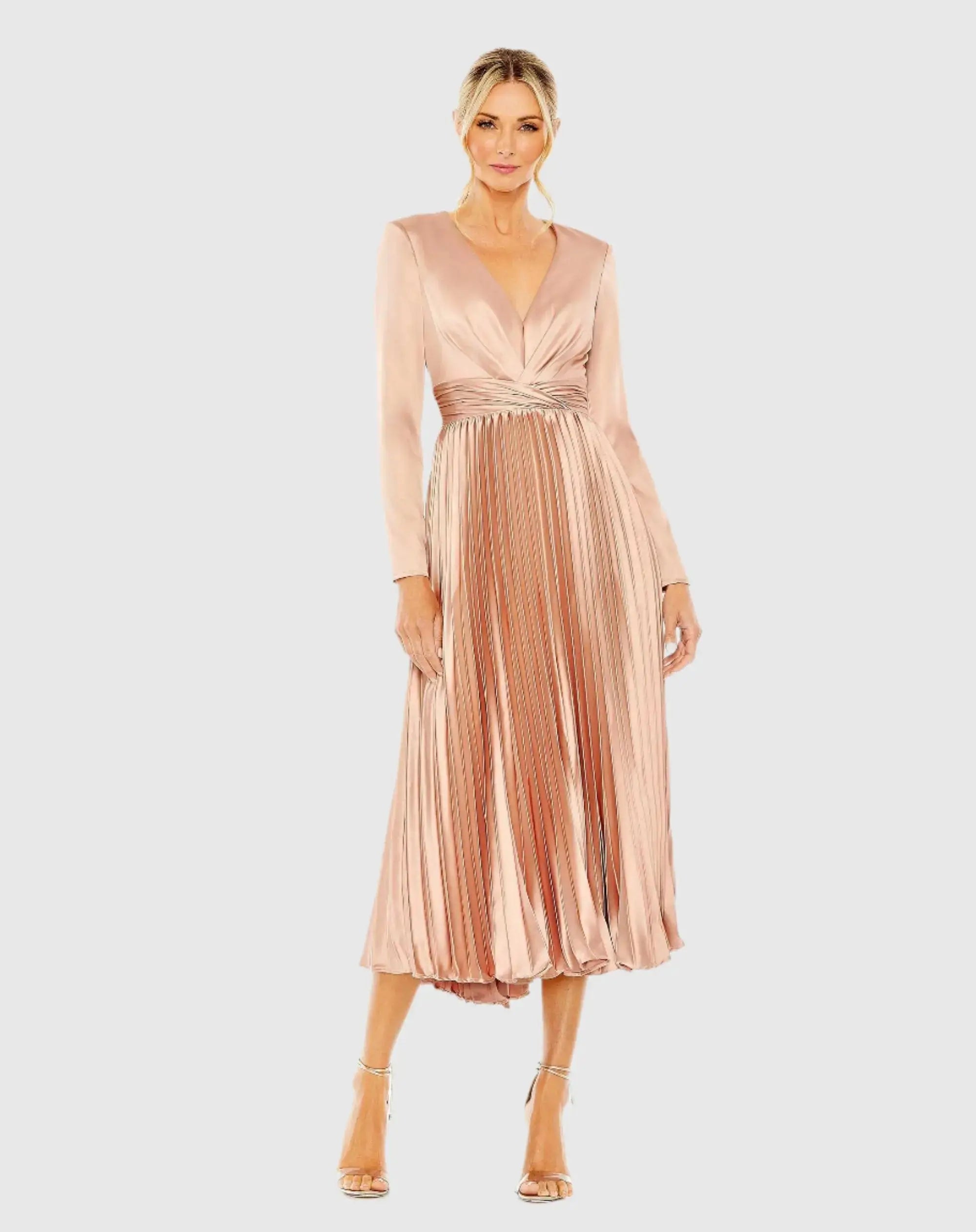 Pleated Long Sleeve V-Neck Dress - Image 2