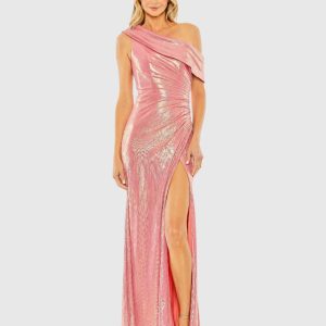 Off The Shoulder Ruched Waist Slit Metallic Gown
