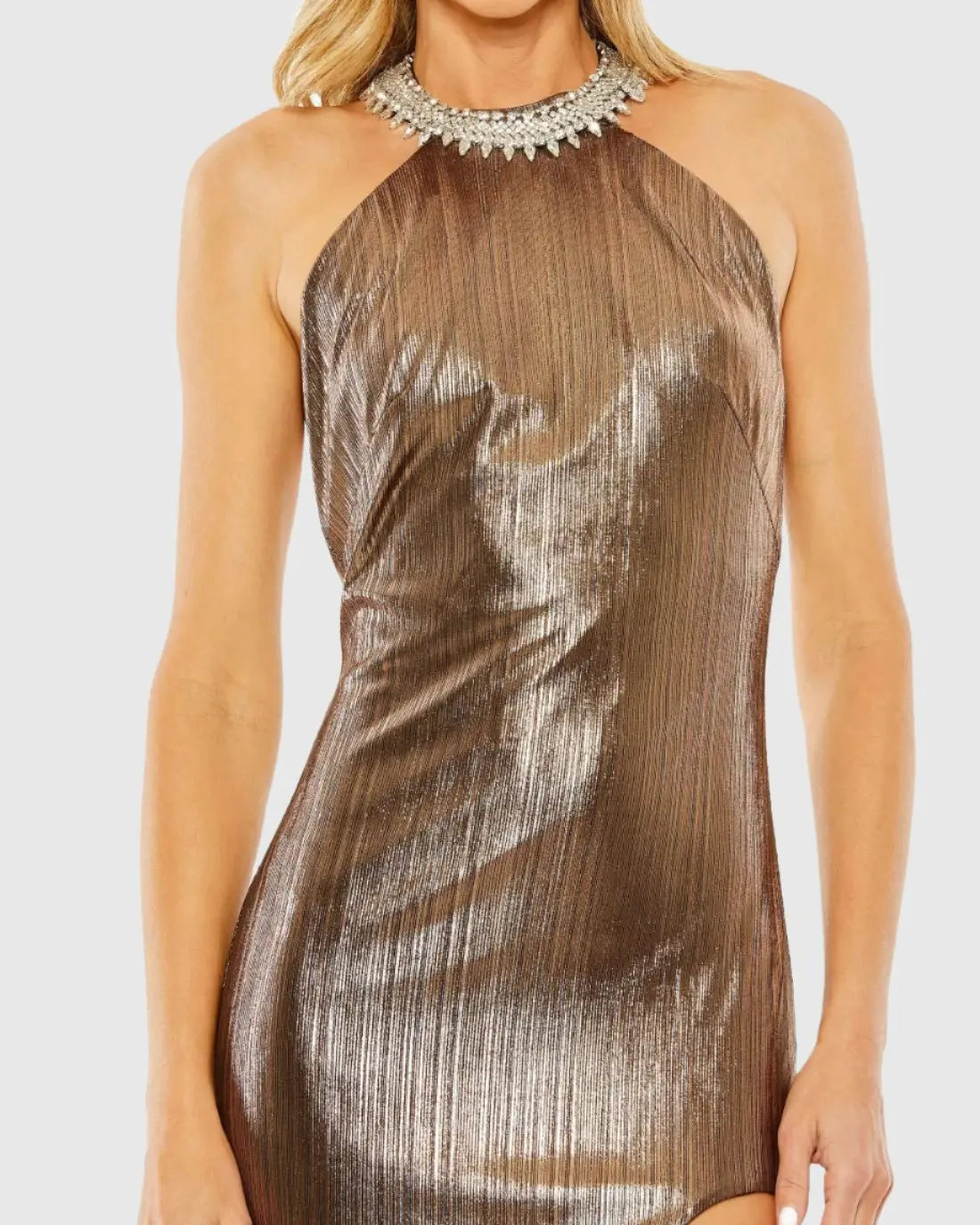 Gold High Neck Crystal Detail Metallic Slit Gown - FINAL SALE - Image 2
