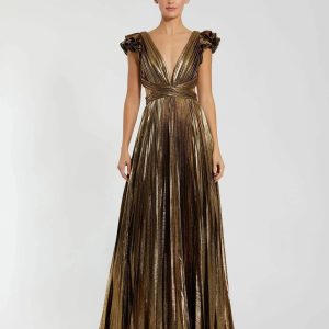 Gold Ruffle Sleeve Cutout Pleated Metallic Gown