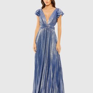 Blue Ruffle Sleeve Cutout Pleated Metallic Gown - FINAL SALE