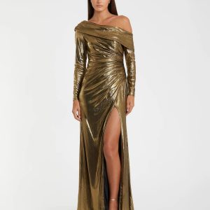 Gold Long Sleeve Off the Shoulder Metallic Gown