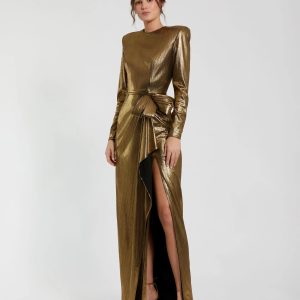 Gold Metallic Long Sleeve Gown With Bow