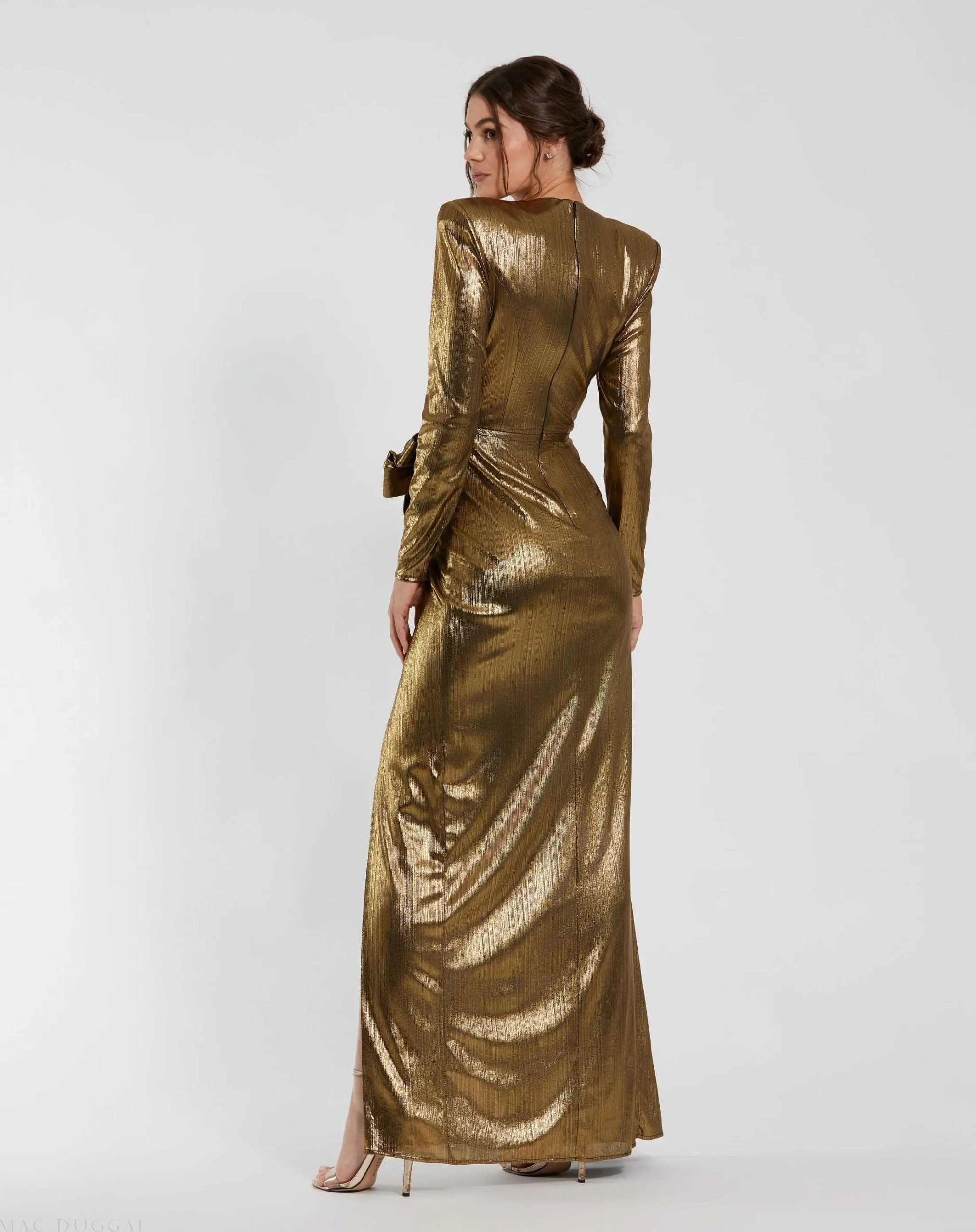 Gold Metallic Long Sleeve Gown With Bow - Image 3