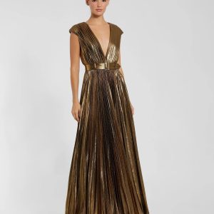 Gold Pleated Metallic Jersey Gown With Belt
