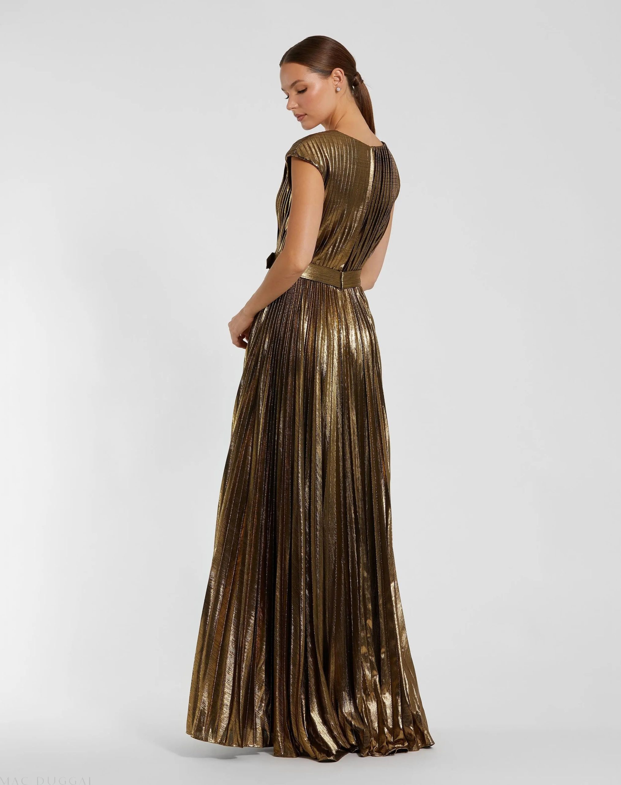 Gold Pleated Metallic Jersey Gown With Belt - Image 3