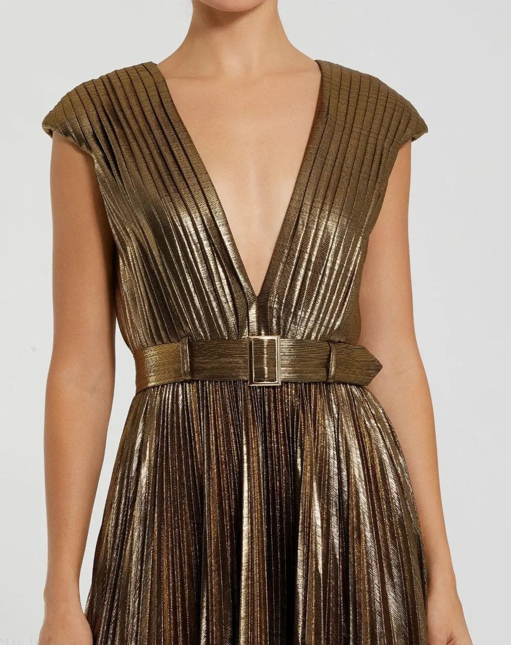 Gold Pleated Metallic Jersey Gown With Belt - Image 2