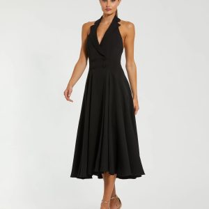 Black Halter Neck Sleeveless Blazer Midi Dress