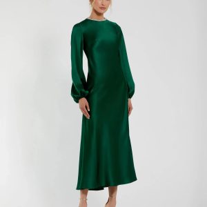 Green High Neck Long Sleeve Crystal Detail Dress