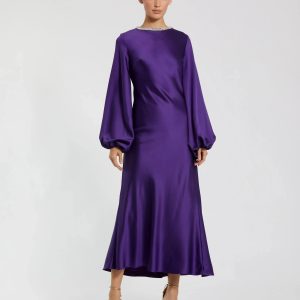 Purple High Neck Long Sleeve Crystal Detail Dress