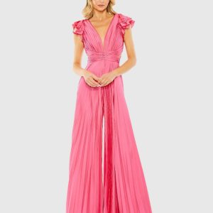Pink Ruffle Cap Sleeve Cutout Heat Pleated Jumpsuit