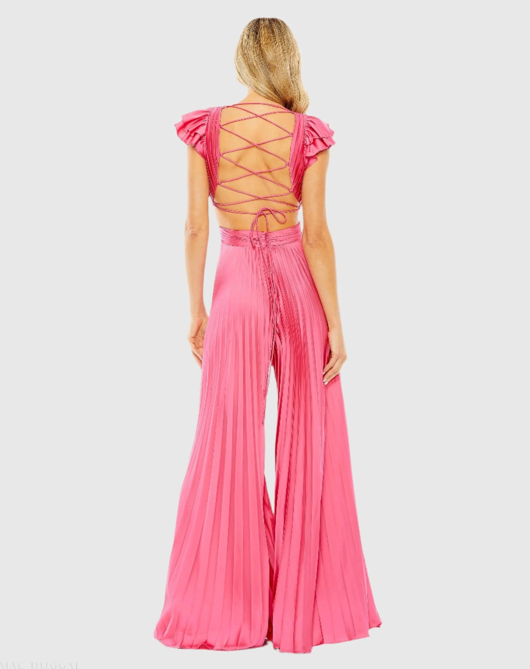 Pink Ruffle Cap Sleeve Cutout Heat Pleated Jumpsuit - Image 3