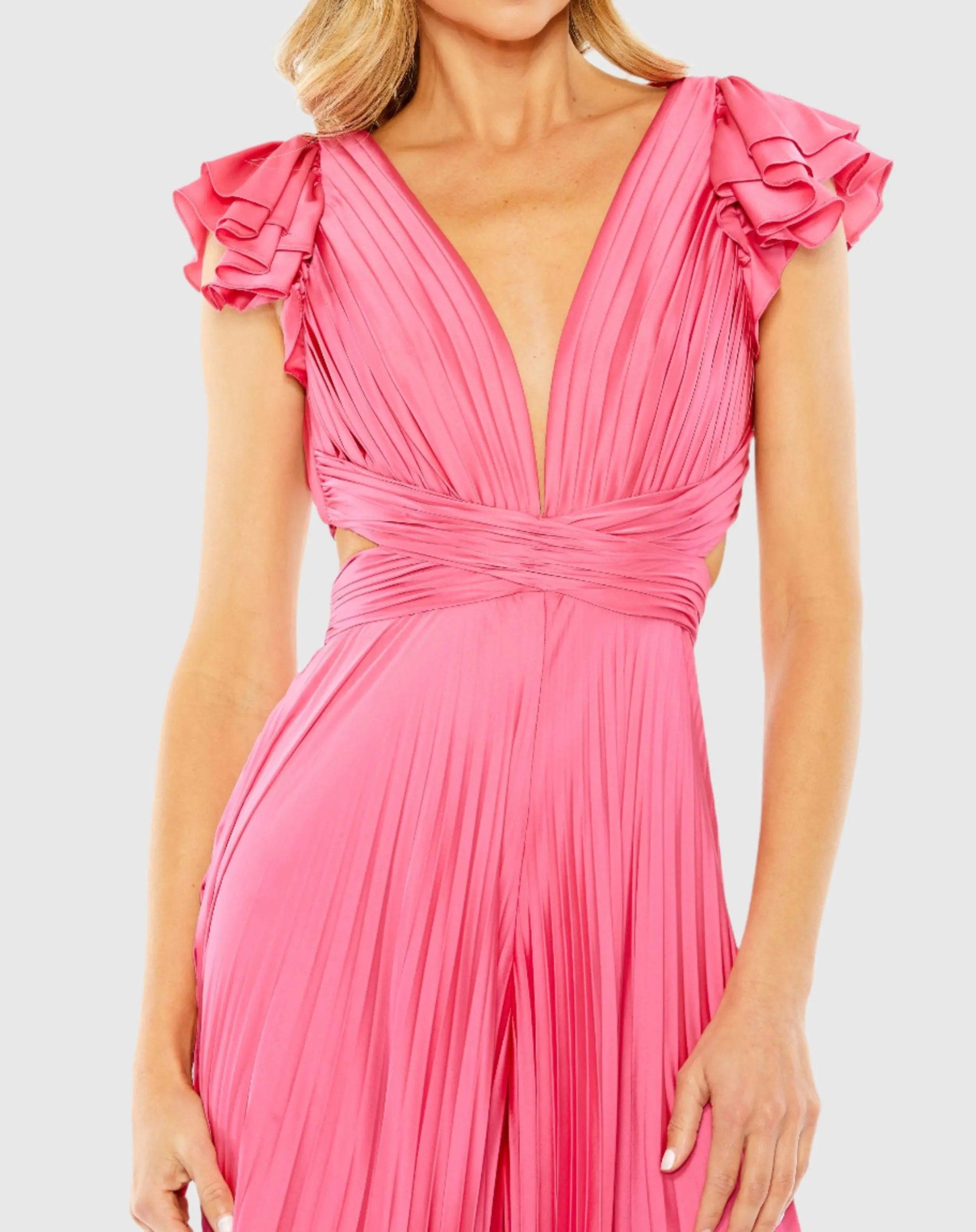 Pink Ruffle Cap Sleeve Cutout Heat Pleated Jumpsuit - Image 2
