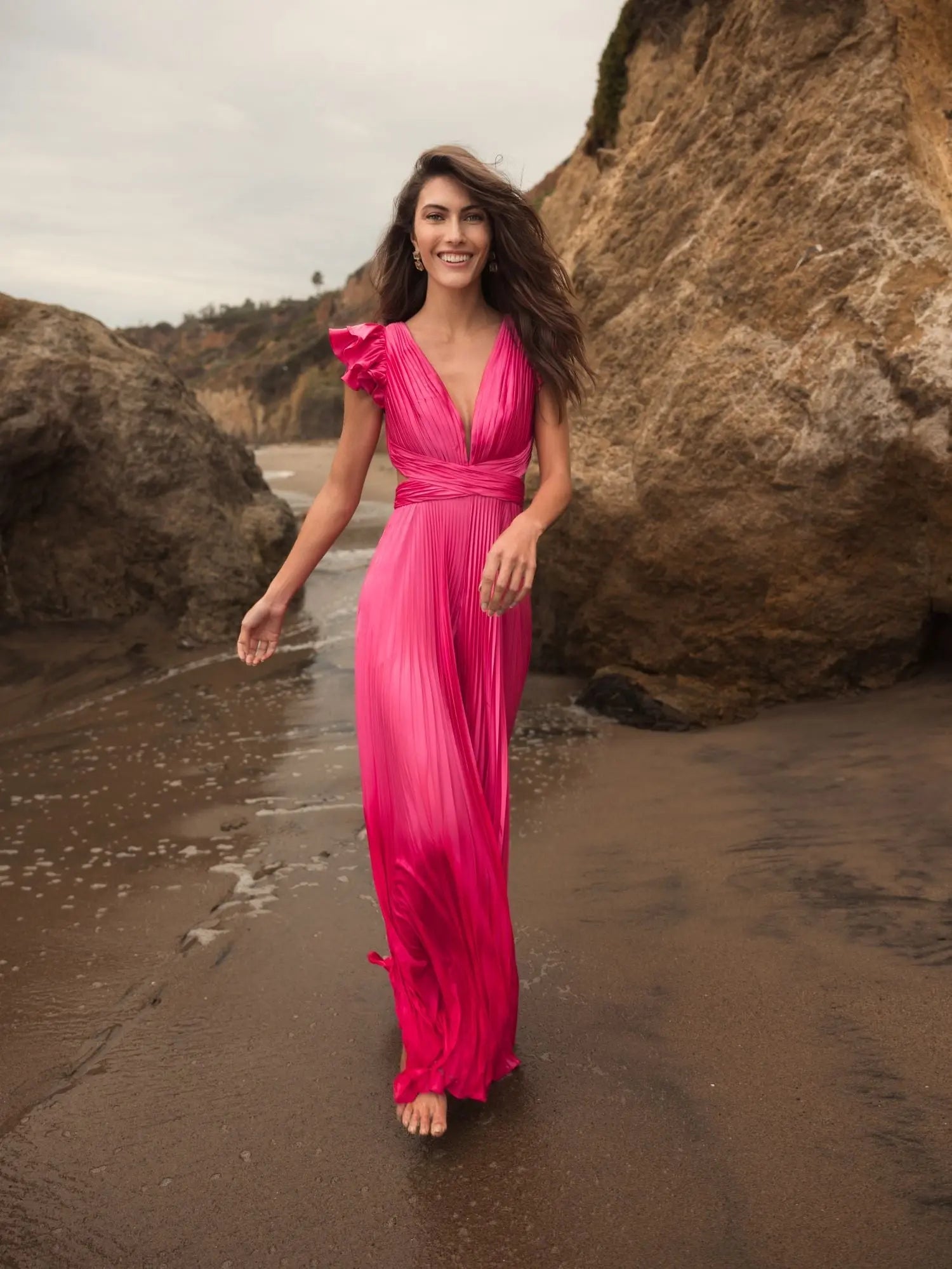Pink Ruffle Cap Sleeve Cutout Heat Pleated Jumpsuit - Image 6