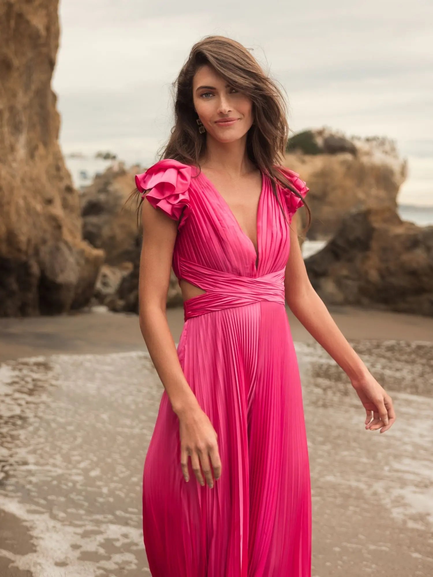 Pink Ruffle Cap Sleeve Cutout Heat Pleated Jumpsuit - Image 5
