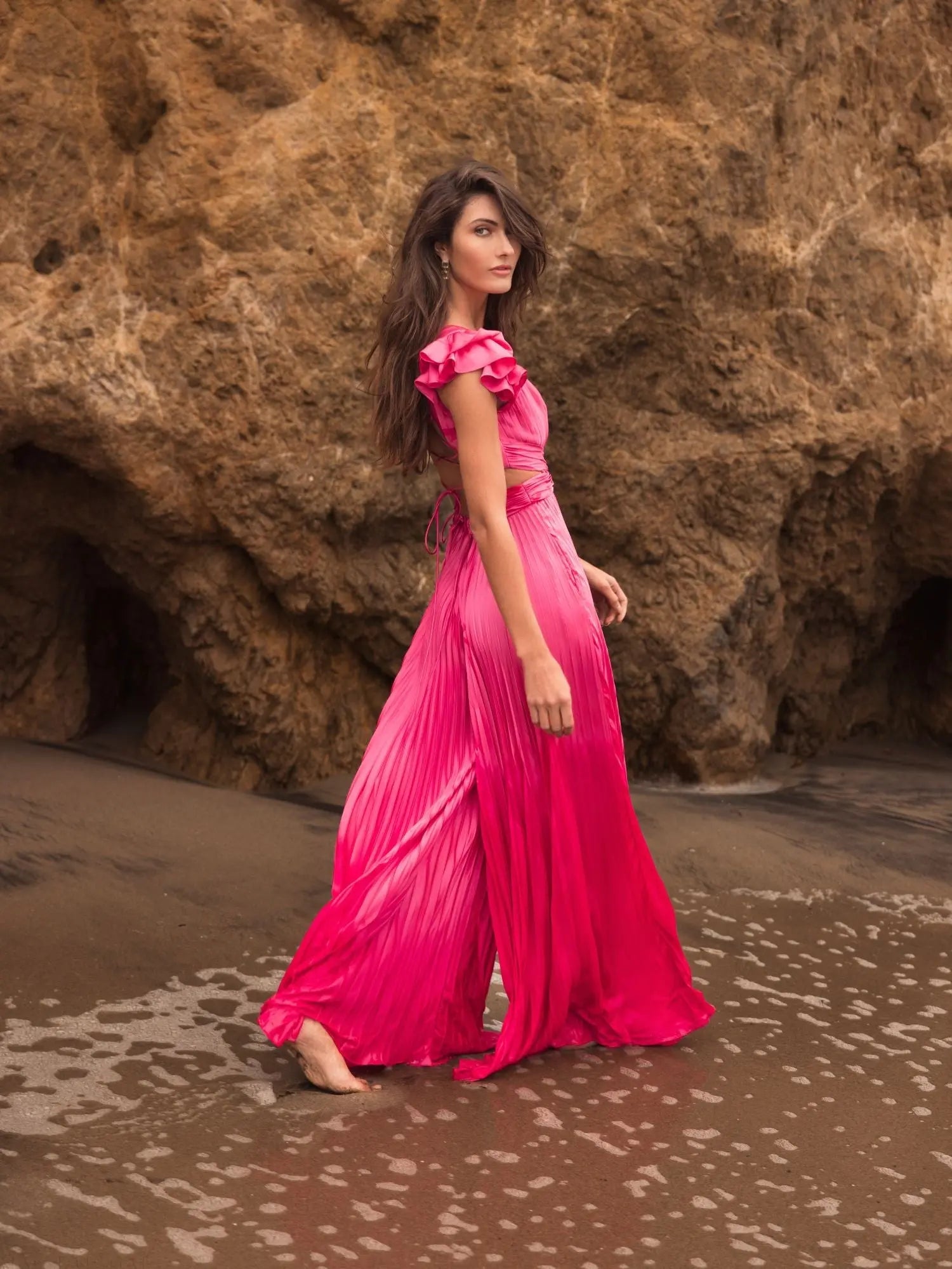 Pink Ruffle Cap Sleeve Cutout Heat Pleated Jumpsuit - Image 7