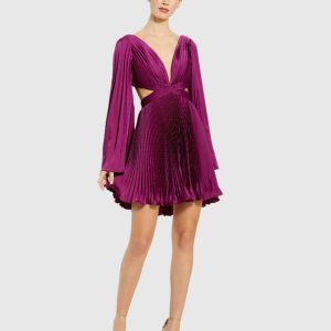 Pleated V-Neck Cutout Long Sleeve Mini Dress