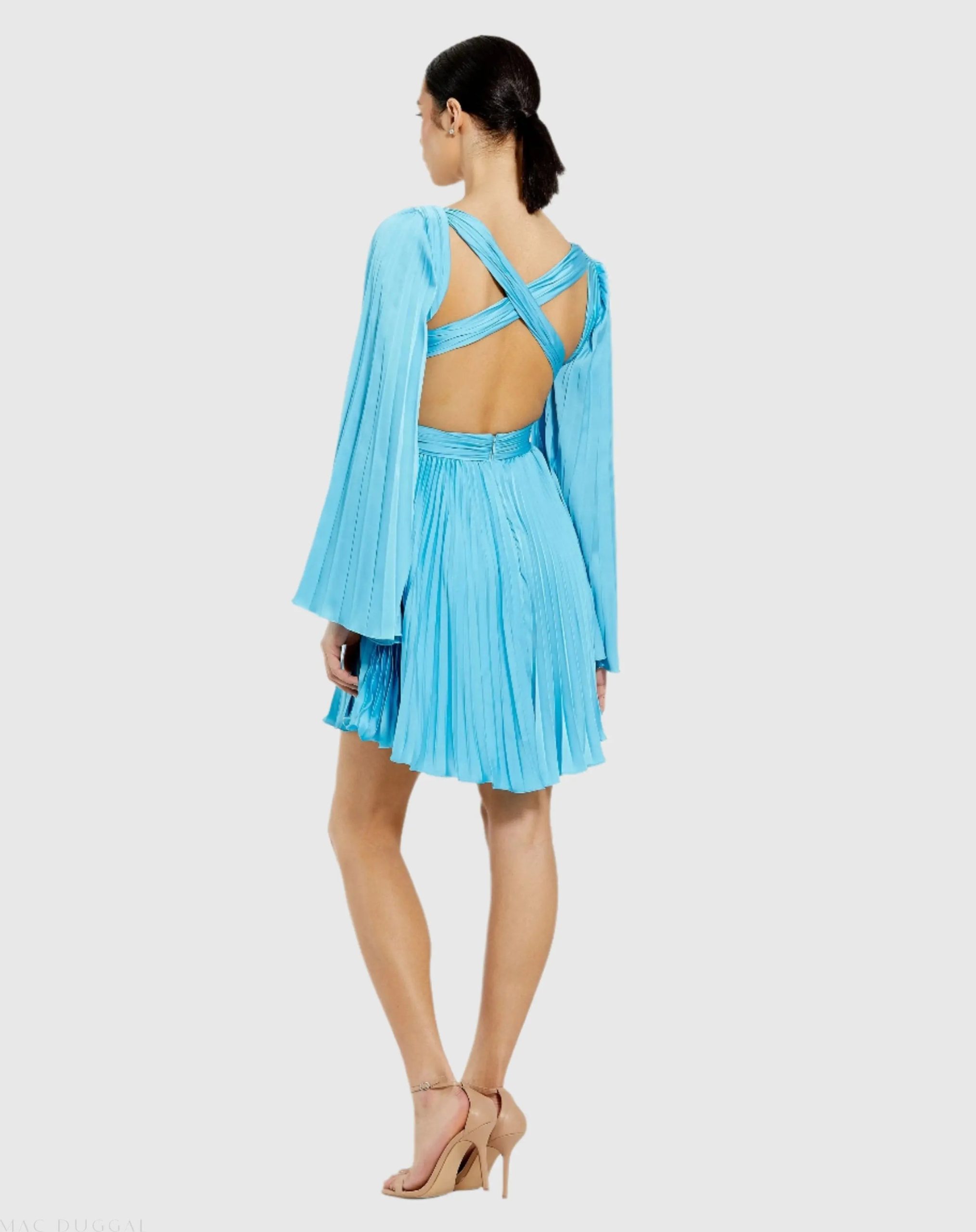 Blue Pleated V-Neck Cutout Long Sleeve Mini Dress - Image 2