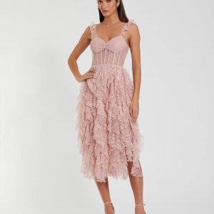 Pink Lace Ruffle Tiered Midi Dress