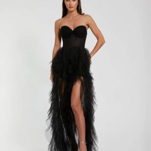 Black Strapless Bustier Net Gown With Spiral Ruffles