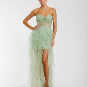 Green Strapless Corset Gown with Spiral Ruffles