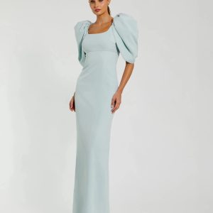 Blue Fitted Crepe Square Neck Gown With Puff Sleeves