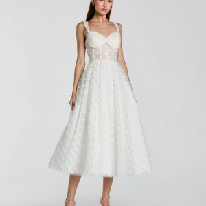 White Polka Dot Tulle A-Line Midi Dress