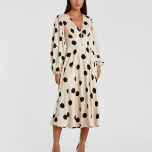 Beige Polka Dot Charmeuse Long Sleeve V Neck Midi Dress