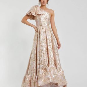 Pink Brocade One Shoulder Floral Gown With Bow