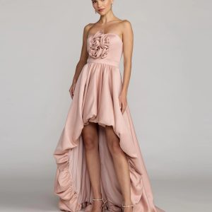 Pink Strapless Satin High Low Gown with Rosettes