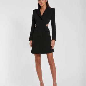 Black Crepe Blazer Rhinestone Trim Mini Dress