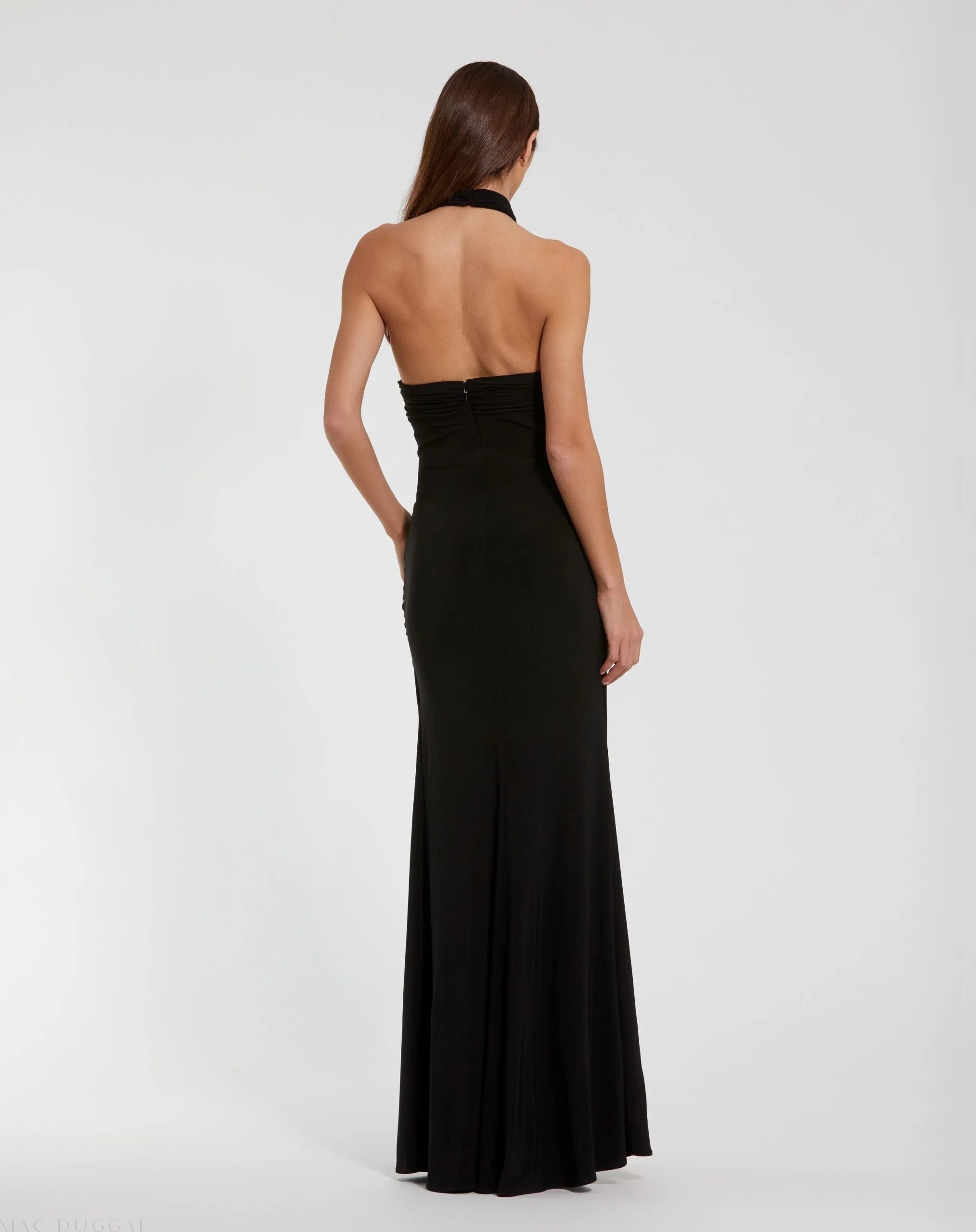 Black Jersey Crossover Halter Neck Gown With 3D Flower - Image 3