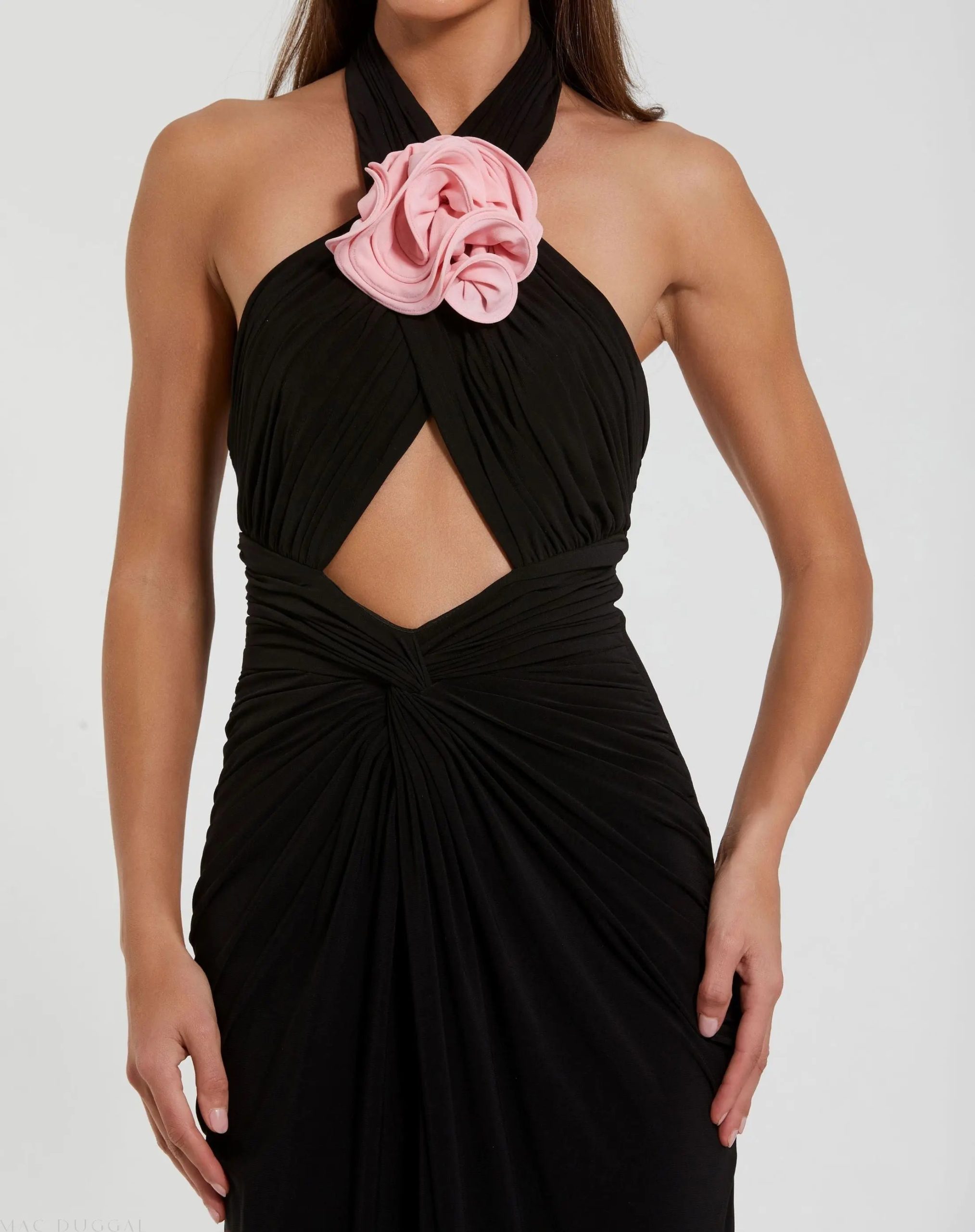 Black Jersey Crossover Halter Neck Gown With 3D Flower - Image 2