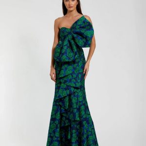 Blue and Green Strapless Brocade Fitted Gown With Oversized Bow