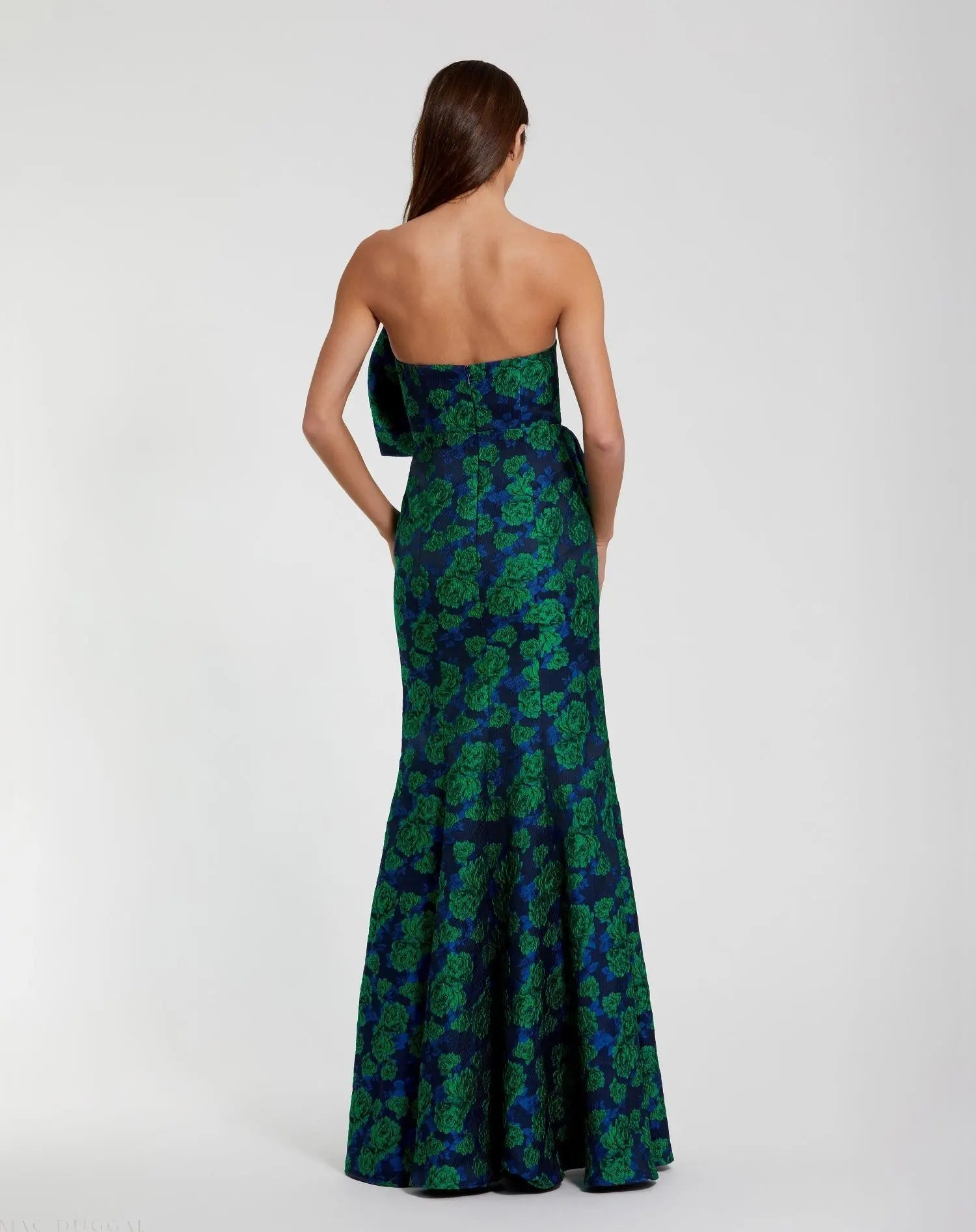 Blue and Green Strapless Brocade Fitted Gown With Oversized Bow - Image 3
