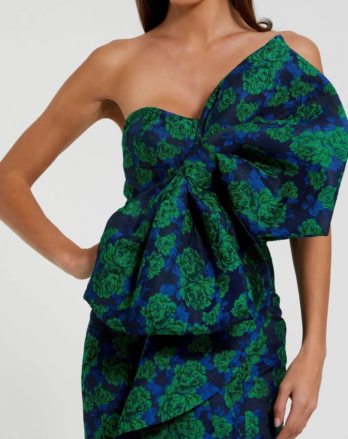 Blue and Green Strapless Brocade Fitted Gown With Oversized Bow - Image 2