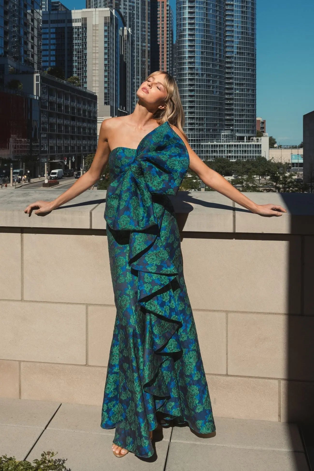 Blue and Green Strapless Brocade Fitted Gown With Oversized Bow - Image 4