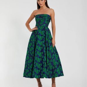 Blue and Green Brocade Strapless A Line Midi Dress