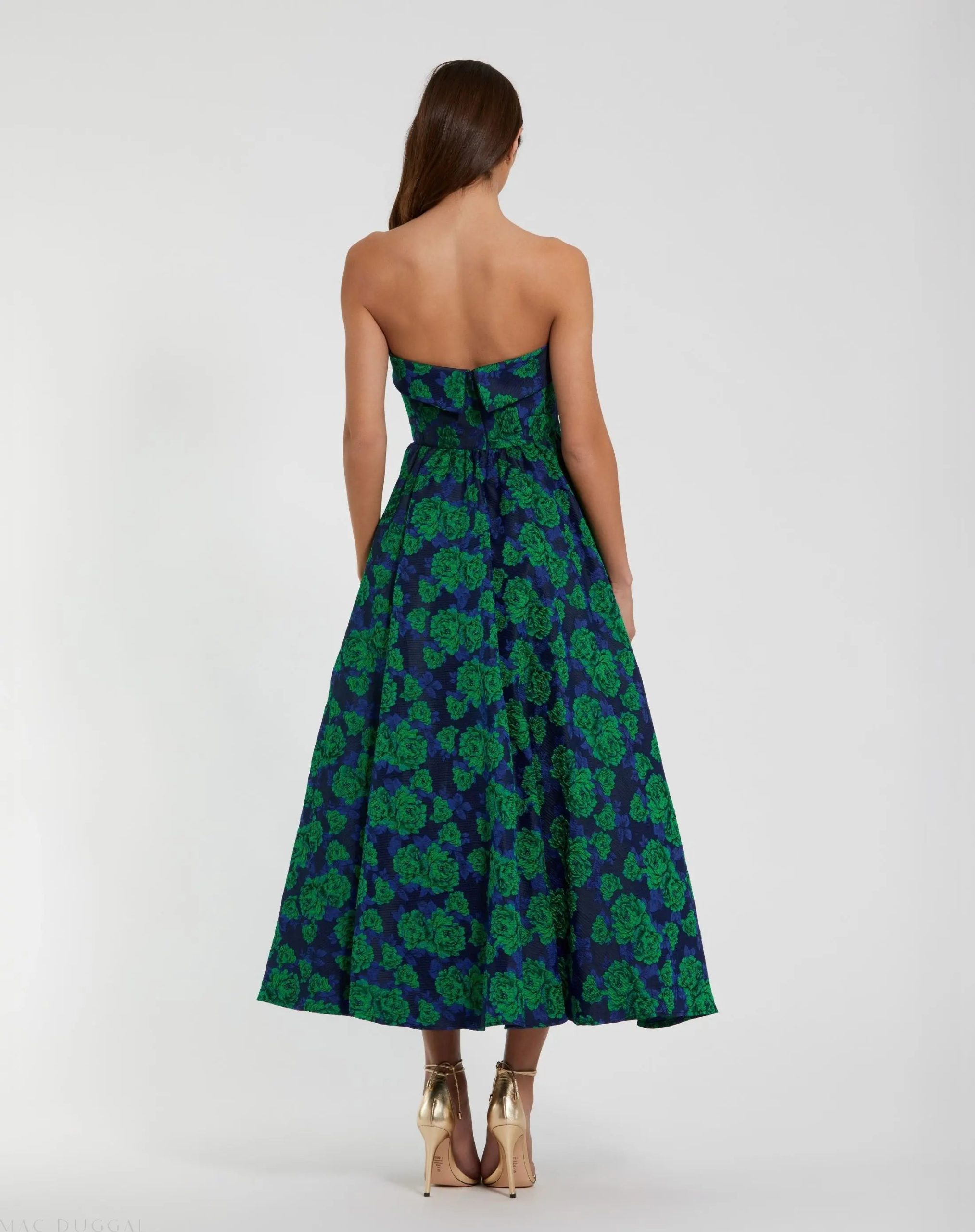 Blue and Green Brocade Strapless A Line Midi Dress - Image 3