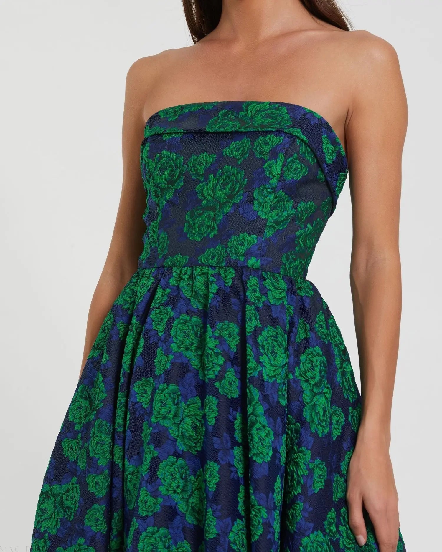 Blue and Green Brocade Strapless A Line Midi Dress - Image 2