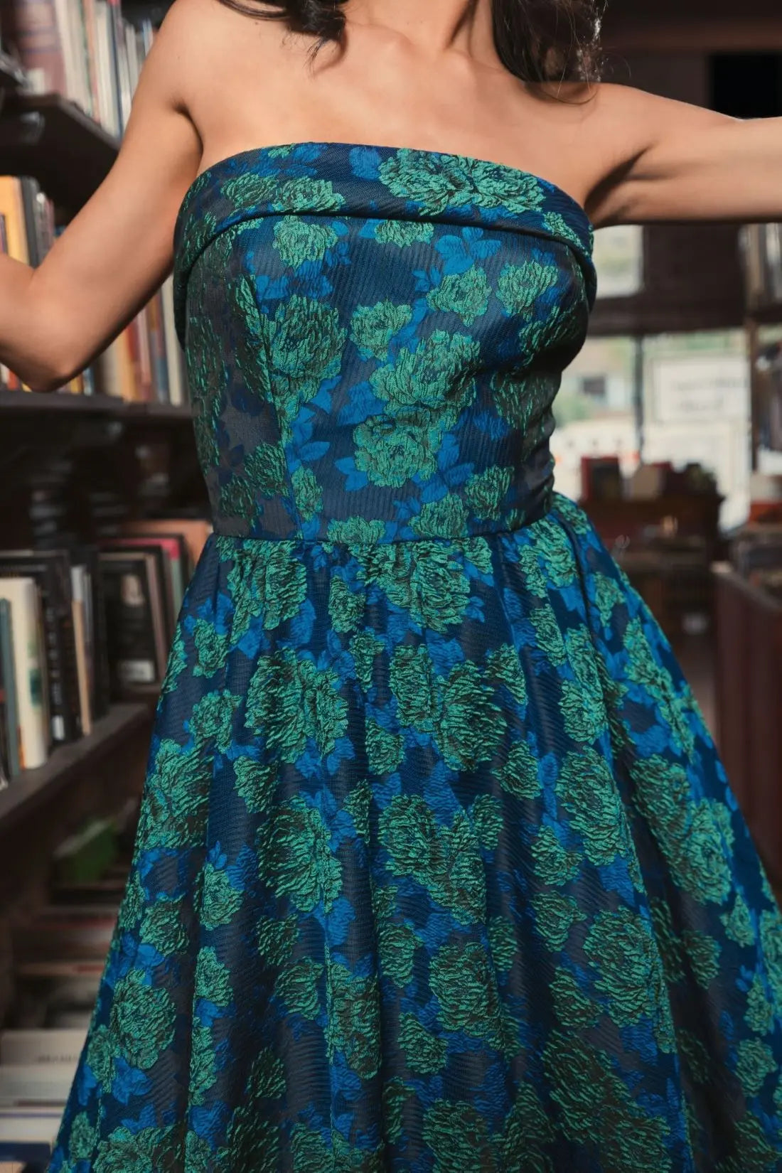 Blue and Green Brocade Strapless A Line Midi Dress - Image 5