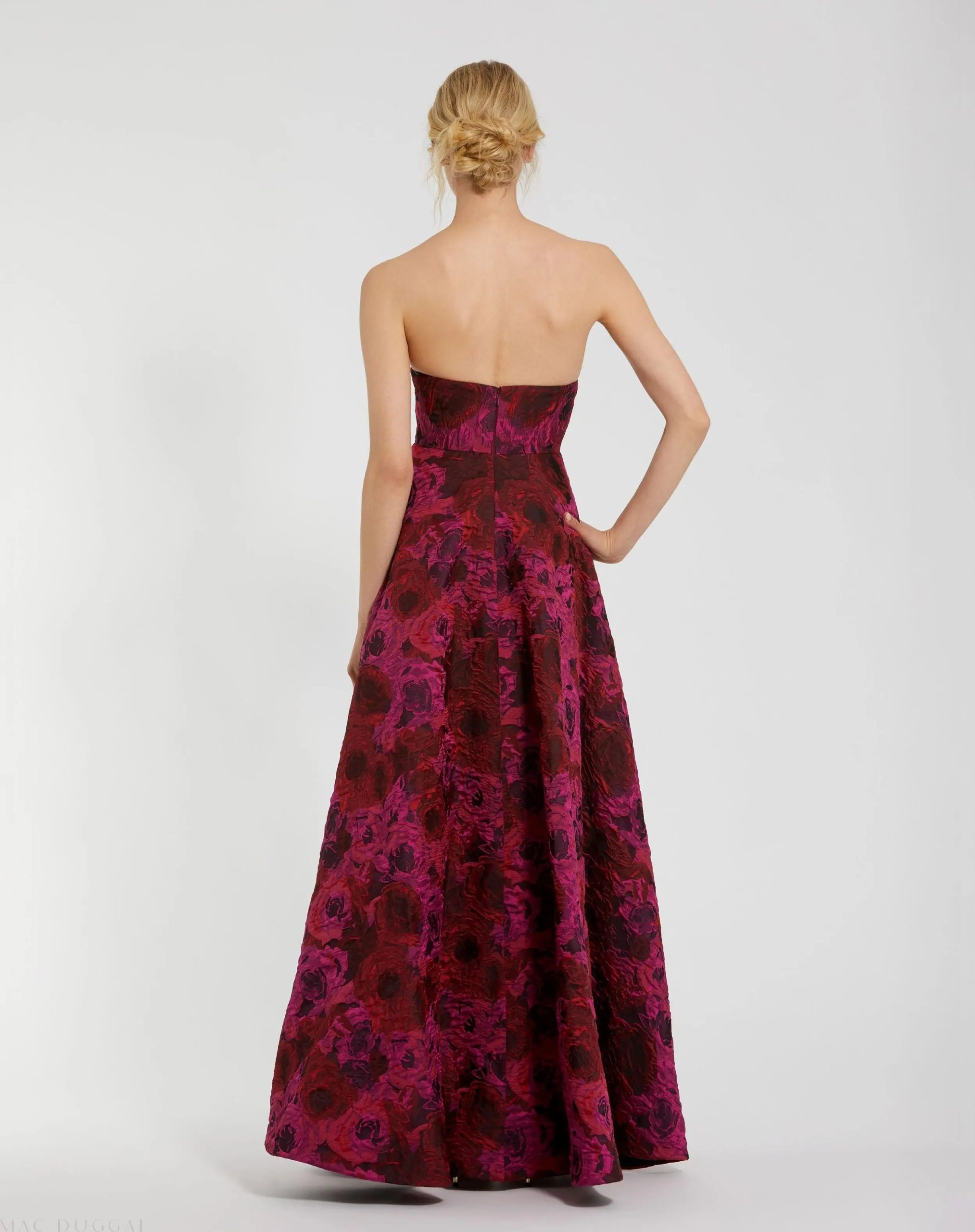 Multicolor Strapless Brocade High Low A Line Gown - Image 3