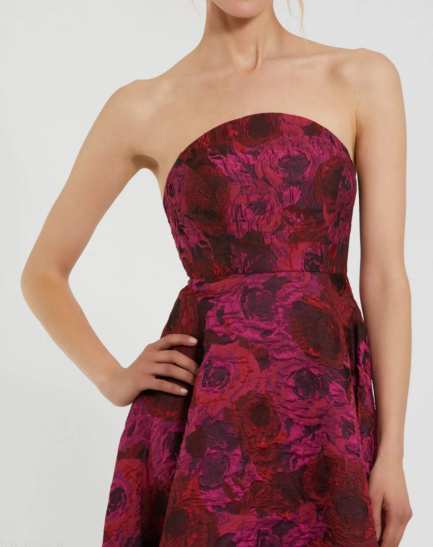 Multicolor Strapless Brocade High Low A Line Gown - Image 2