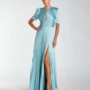 Blue Pleated Charmeuse Puff Sleeve Gown With Slit
